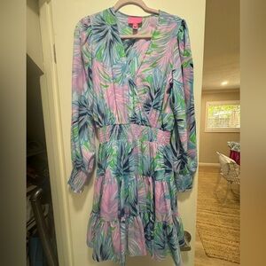 Lilly Pulitzer Pastel Palm-Print Long Sleeve Tiered Dress